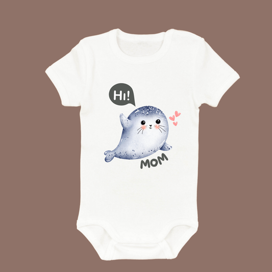 Adorable Seal Design Toddler Romper - "Hi Mom" with Pink Hearts