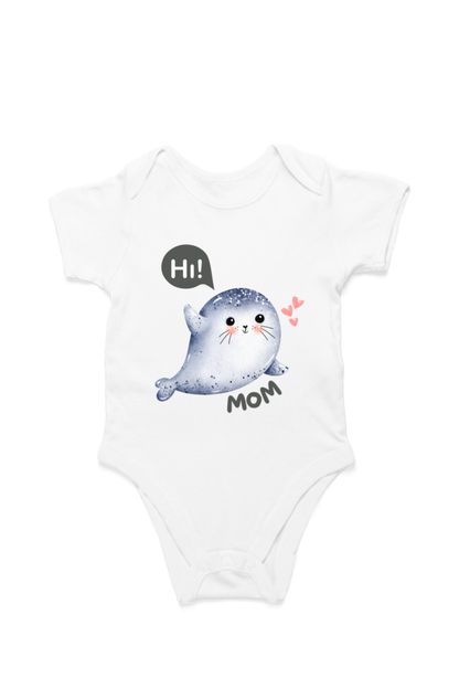 Adorable Seal Design Toddler Romper - "Hi Mom" with Pink Hearts