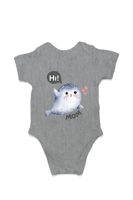 Adorable Seal Design Toddler Romper - "Hi Mom" with Pink Hearts - (0-12M)