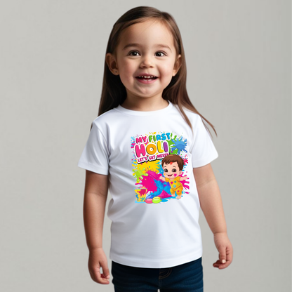 🎨 Holi Special Girls T-shirt – "My First Holi" 🌈 | Festive Outfit for Kids