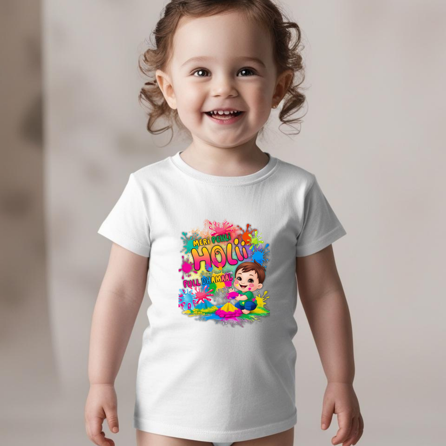 🎨 Holi Special Girls T-shirt – "Meri Pehli Holi " 🌈 | Festive Outfit for Kids