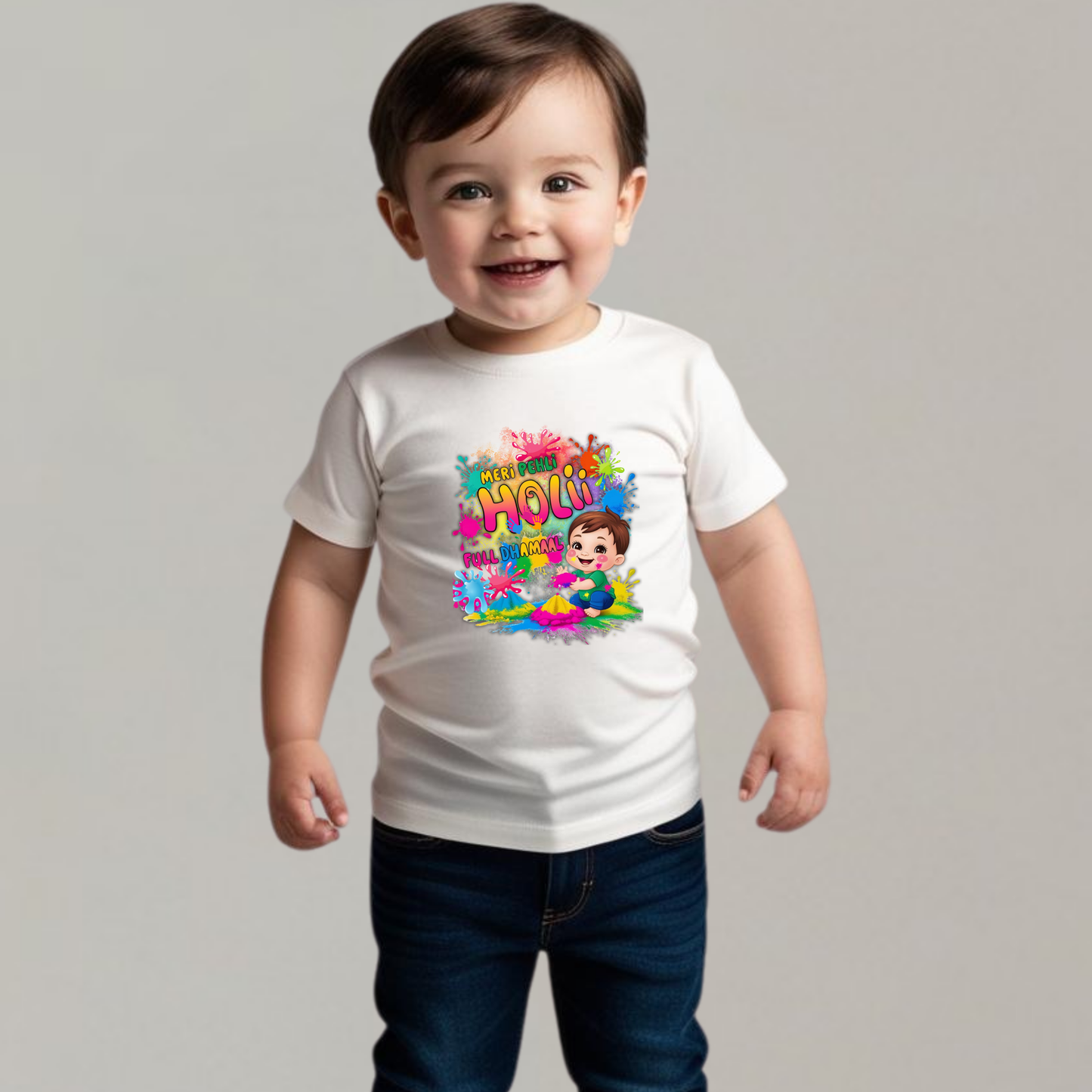 🎨 Holi Special Boys T-shirt – "Meri Pehli Holi " 🌈 | Festive Outfit for Kids